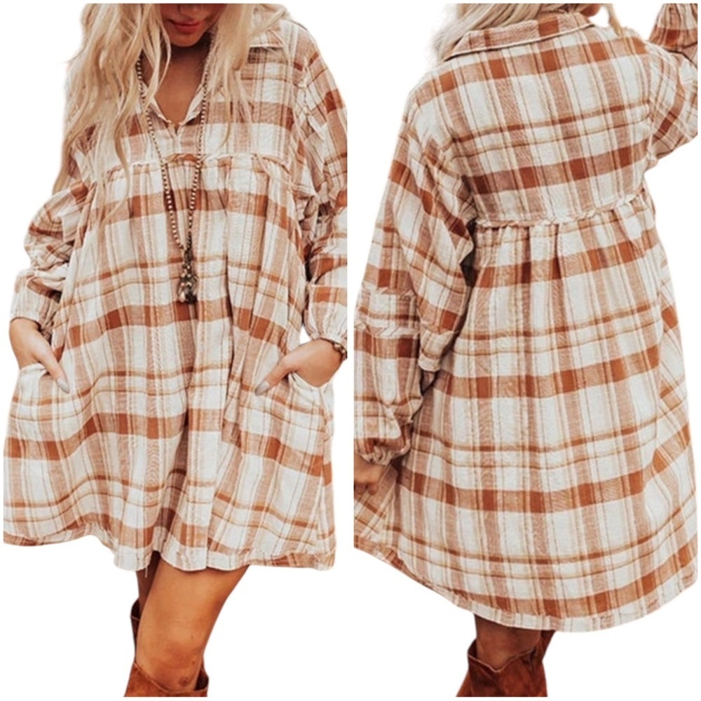 NWOT Meritt 2XL Plaid Pocketed Babydoll Mini Dress Boho Western